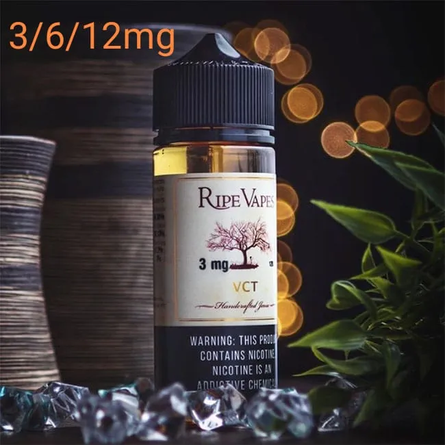 Ripe Vapes 120ml VCT Original E-Liquid Smooth vanilla flavor, rich creamy custard, and soothing tobacco combined make for a relaxing vape experience. It’s like kicking back your recliner and enjoying a smooth, creamy, vanilla-flavored cigar by the fireplace. VCT by Ripe Vapes is a soothing experience. Ripe Vape VCT Original perfect choice for any tobacco lover.Based on the original Ripe Vapes VCT with a stronger tobacco taste. Available in 120ml chubby bottle. VCT E-Liquid By Ripe Vapes 120ml stands for the trifecta blend of vanilla, custard, and tobacco. When combined the result is an ultra-rewarding and balanced flavor profile that will please your taste buds to no end. Ripe Vapes VCT is the perfect middle ground for vape enthusiasts that enjoy both dessert flavors and tobacco flavors as it combines those two perfectly. Package Contents Include: 1 x 120ml dropper bottle of VCT by Ripe Vapes VG/PG: 70/30 Flavor Profile: Vanilla, Custard, Tobacco Vapes 120ml VCT Original E-Liquid Smooth vanilla flavor, rich creamy custard, and soothing tobacco combined make for a relaxing vape experience. It’s like kicking back your recliner and enjoying a smooth, creamy, vanilla-flavored cigar by the fireplace. VCT by Ripe Vapes is a soothing experience. Ripe Vape VCT Original perfect choice for any tobacco lover. Based on the original Ripe Vapes VCT with a stronger tobacco taste. Available in 120ml chubby bottle. VCT stands for the trifecta blend of vanilla, custard, and tobacco. When combined the result is an ultra-rewarding and balanced flavor profile that will please your taste buds to no end. Ripe Vapes VCT is the perfect middle ground for vape enthusiasts that enjoy both dessert flavors and tobacco flavors as it combines those two perfectly.
