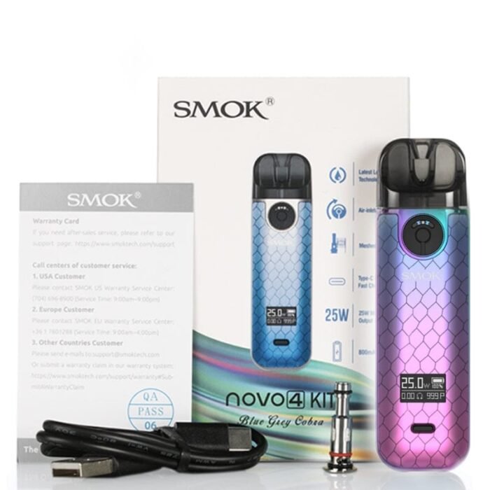 SMOK Novo 4 25W Pod System Kit is powered by 800mah built-in battery with adjustable wattage of 5-25W and 0.74A type-C quick charging. SMOK Novo 4 Pod Kit is equipped with 0.49 inch OLED Screen to show vaping data. SMOK Novo 4 has 2ml capacity with side filling design. Novo 4 Cartridge features LP1 Meshed 0.8ohm coils with 3 silicone rings for leakproof. Parameters: Size: 93.5* 26.5* 17.7mm Battery: Built-in 800mAh battery Power: 5W-25W Output Voltage: 0.5V-4.0V Input Voltage: 3.3V-4.2V Screen: 0.49 inch OLED Display Resistance Range: 0.4ohm-3.0ohm Charging Current: 5V±0.2V Charging Voltage: Max 0.74A Charging time: 90min Standby Current: