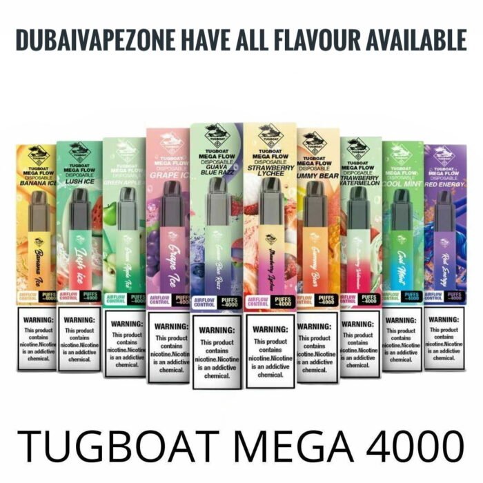 Tugboat Mega Flow 4000 Puffs  is a new arrival disposable vape device. With 10ml pod capacity, powered by built-in 1200mAh, 4000puffs approximate. Adopt sub-ohm style oil head can be supplied purest and strongest flavor. Featured with airflow control favorite you MTL and TL different experience, welcome inquiry.TUGBOAT MEGA FLOW Specification: Brand Name: TUGBOAT Liquid Capacity: 10 ML Built-in Pod Size (mm.): 105 x 19 x 18 Nicotine by volume: 5.0% 4000 Puffs Approx Battery Capacity: 1000 mah Color: Black Quantity: 1pc./pack TUGBOAT MEGA FLOW Features: Draw-activated disposable pod Best for MTL vape Pre-filled SaltNic e-liquid Four flavors for your selection About Tugboat Mega Flow Disposable 4000 Puffs Tugboat Mega Flow Disposable flavors  is a new arrival disposable vape device. With 10ml pod capacity, powered by built-in 1200mAh, 4000puffs approximate. Adopt sub-ohm style oil head can be supplied the purest and most assertive flavor. It features airflow control, a favorite you mlt and TL different experience, and welcomes inquiry. TUGBOAT MEGA FLOW Specification: Brand Name: TUGBOAT Liquid Capacity: 10 ML Built-in Pod Size (mm.): 105 x 19 x 18 Nicotine by volume: 5.0% 4000 Puffs Approx Battery Capacity: 1000 mah Color: Black Quantity: 1pc./pack TUGBOAT MEGA FLOW Features: Draw-activated disposable pod Best for MTL vape Pre-filled SaltNic e-liquid Four flavors for your selection FEATURES: Puffs: 4000 puffs, Ejuice Capacity: 10ml, Nicotine Strength: 5%, Battery Capacity: 1200mAh, Size: 100*22mm, 10 Flavors Optional. ste buds.