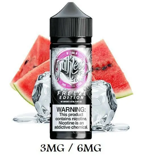 RUTHLESS FREEZE E-JUICE 120 ML  Edition By Ruthless 120ml is gonna take you on an intense ride filled that’s filled with pure strawberries and cool menthol goodness. Providing the most luscious flavor experience, there isn’t anything quite like the taste of it. It shares a mouthwatering flavor that brings you a mixture of strawberries and menthol, leaving you with a strawberry flavor that is extremely refreshing and satisfying. Experience a burst of cold sweet cherries fresh from the freezer with Ruthless Freeze edition - Cherry Bomb. Every puff is a bit of a juicy, cold cherry with just enough tartness to bring out the sweetness. The RUTHLESS FREEZE E-JUICE 120 ML are available in 120ml bottles. Comes in the popular 120ml gorilla bottles for ease of use. The only sensation in Iced out is a simple, refreshing chill. Vaping nothing but sweet flavors can get tiring. Some days, you may feel like your sweet tooth needs a break. That's what Ruthless Freeze Iced Out is for. The Ruthless Freeze Editions are available in 120ml bottles.  Ruthless Freeze Edition, Joosie Red has the flavor of Hoosier apples straight from Indiana's orchards. A freezing blast of menthol helps capture the experience of a cold, crisp apple on a fall day. Carry the experience of Joosie Red wherever you go in a convenient, 120ml . Comes in the popular 120ml gorilla bottles for ease of use. Ruthless WTRMLN Freeze is here! Experience the sensation of a cold, juicy watermelon in your vape. WTRMLN Freeze has the flavor and coolness of a watermelon straight out of the fridge in a portable, 120ml gorilla bottle. WTRMLN is the perfect refreshing all day vape for hot, summer days. The Ruthless Freeze Editions are available in 120ml. Package Contents Include: 1  120ml Freeze Edition  Tfn Vape Juice VG/PG: 70/30