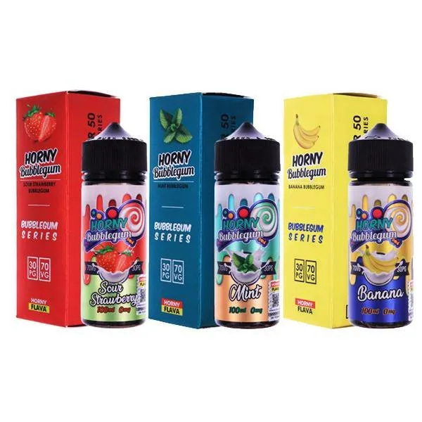 Horny Flava E-Liquid 120 ml Horny Flava is a Malaysian e-liquid manufacturer that is based in Kuala Lumpur.  Bottles come in a range of sizes, from 65ml to 100ml shortfill bottles, these e liquids also come in either 3mg  50 VG or 70 VG. Each bottle contains 0mg nicotine, meaning you must add nicotine boosters in order to reach your desired nicotine strength. Horny Bubblegum / Candy Series 120ml vape liquids by Horny Flava is one of the newest creations coming from one of the most popular Malaysian manufacturers. A collection based on the loved bubblegum flavour, the line features awesome fusions between delicious fruits and bubblegum. A perfect blend for sub-ohm vaping!HORNY FLAVA E- LIQUID 120 ML