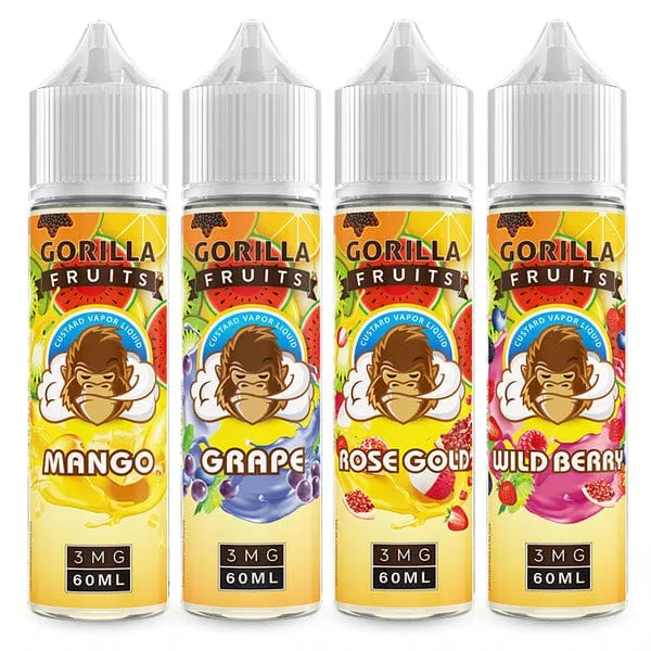 GORILLA FRUITS 60 ML E- LIQUID Gorilla Fruits , Grape Enjoy the exquisite taste of juicy grapes. This e-liquid has the flavor of freshly squeezed grape juice. Each puff is silky and delectable.Shop the Rose Gold Ice by Gorilla Fruits E-liquids is the 60mL menthol version of this classic tropical adventure. Sweet strawberries, exotic lychee, and tart pomegranate come together with a chilly menthol finish. Perfect for mid and high wattage users that enjoy bountiful clouds. Choose your preferred nicotine strength and brace yourself for a memorable experience.Shop the Rose Gold Ice by Gorilla Fruits E-liquids is the 60mL menthol version of this classic tropical adventure. Sweet strawberries, exotic lychee, and tart pomegranate come together with a chilly menthol finish. Perfect for mid and high wattage users that enjoy bountiful clouds. Choose your preferred nicotine strength and brace yourself for a memorable experience.Searching for something sweet? Dive into Grape Ice by Gorilla Fruits, a GORILLA FRUITS 60 ML E- LIQUID Quick Link: E-LIQUIDS Grape Gorilla Fruits E-Liquid Features: 60mL Unicorn Bottle VG/PG: 70/30 Child Resistant Cap Made in USA